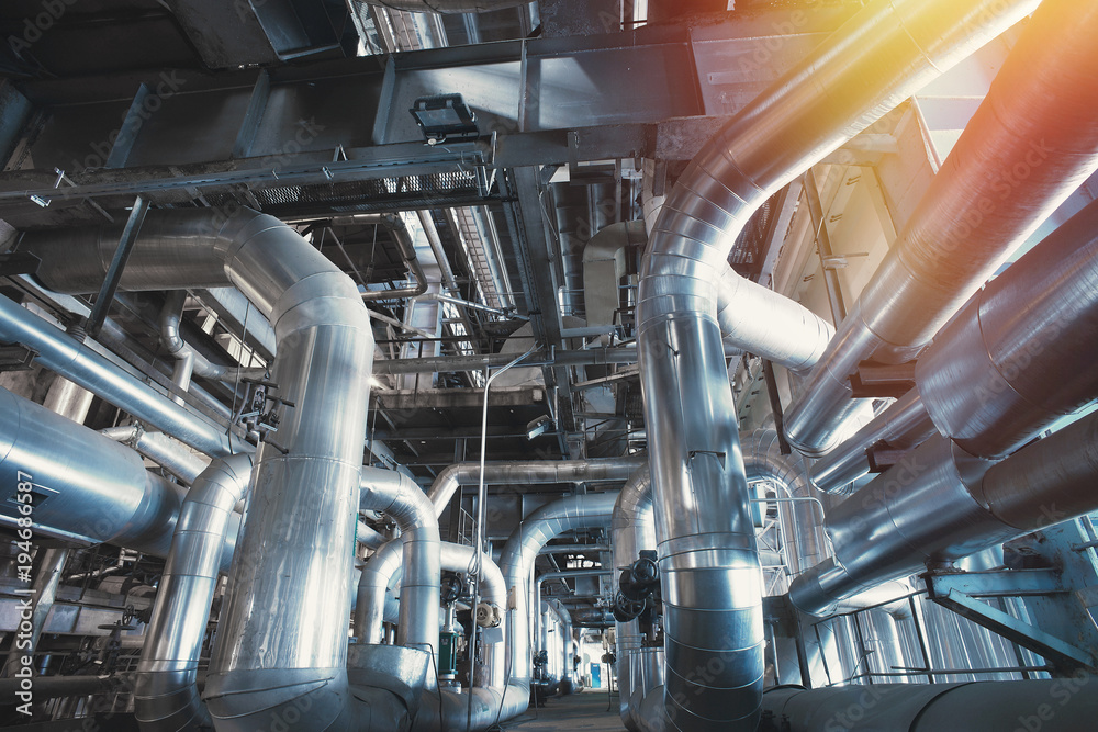 Industrial zone, Steel pipelines, valves, cables and walkways Industrial zone, Steel pipelines, valves, cables and walkways