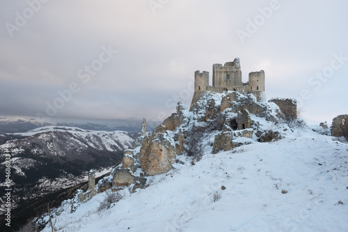 The imposing snowy castle of Rocca Calascio in the ancient lands of Abruzzo