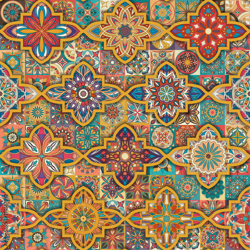 Seamless pattern with decorative mandalas. Vintage mandala elements. Colorful patchwork.
