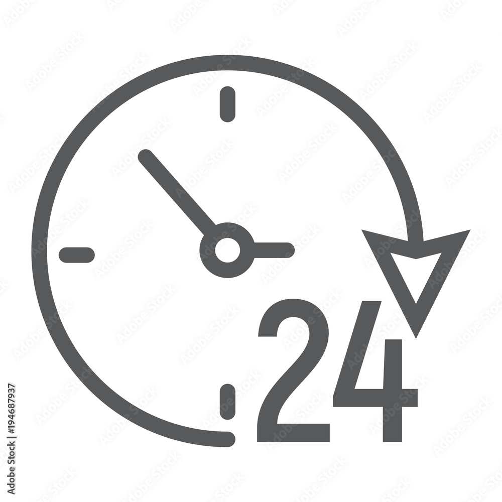 Twenty four hour line icon, e commerce and marketing, clock sign vector graphics, a linear pattern on a white background, eps 10. Twenty four hour line icon, e commerce and marketing, clock sign vector graphics, a linear pattern on a white background, eps 10.