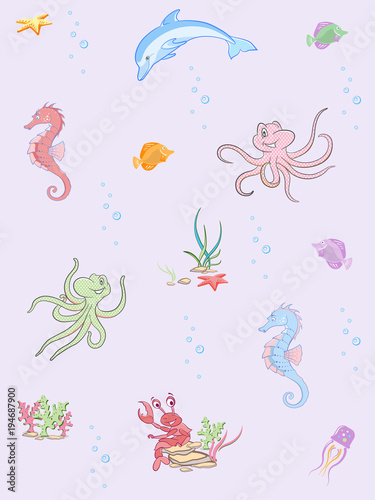 Vector seamless pattern of sea life. Seamless pattern can be used for wallpaper, pattern fills, web page background, surface textures.