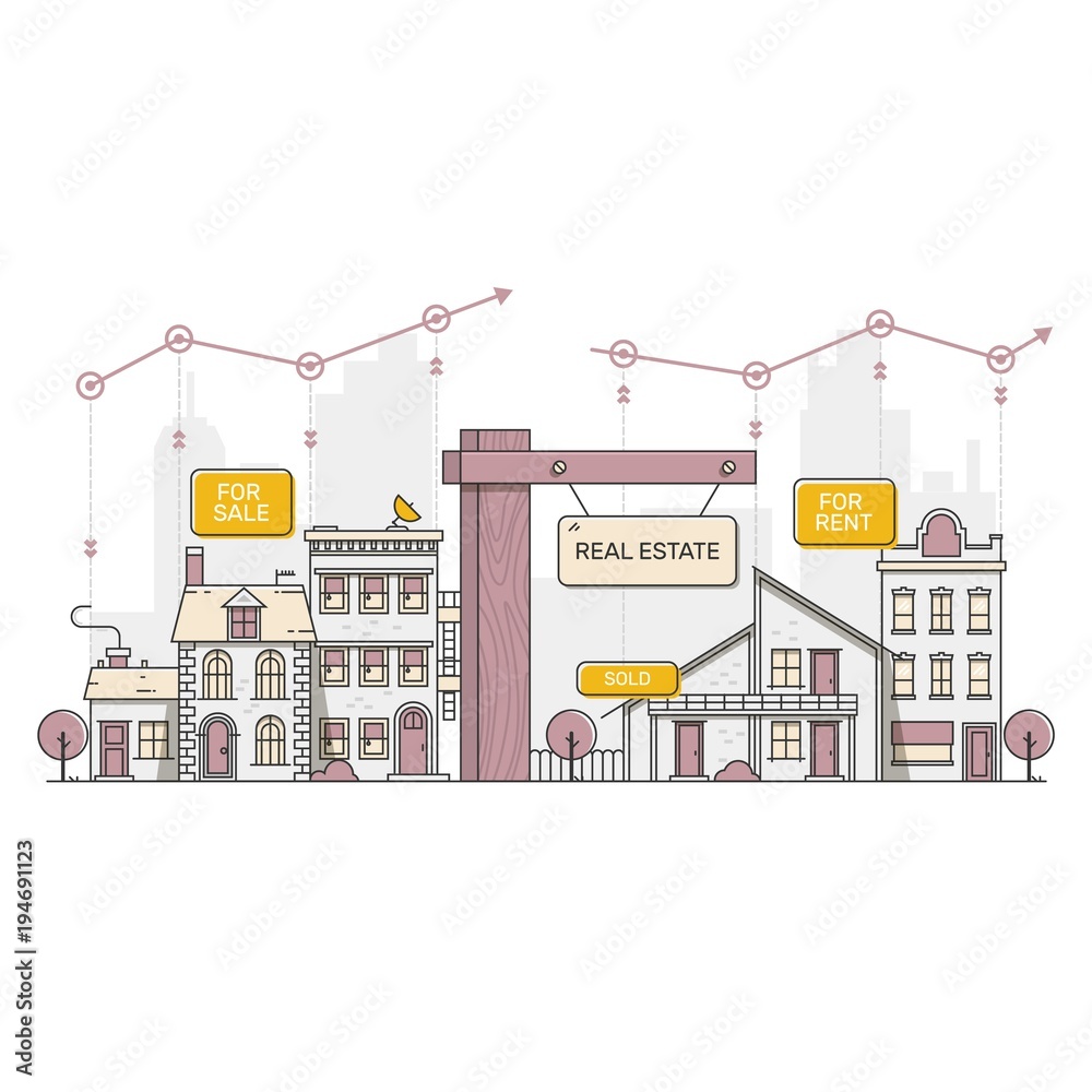 Naklejka premium Real estate business concept with houses. Flat vector illustration