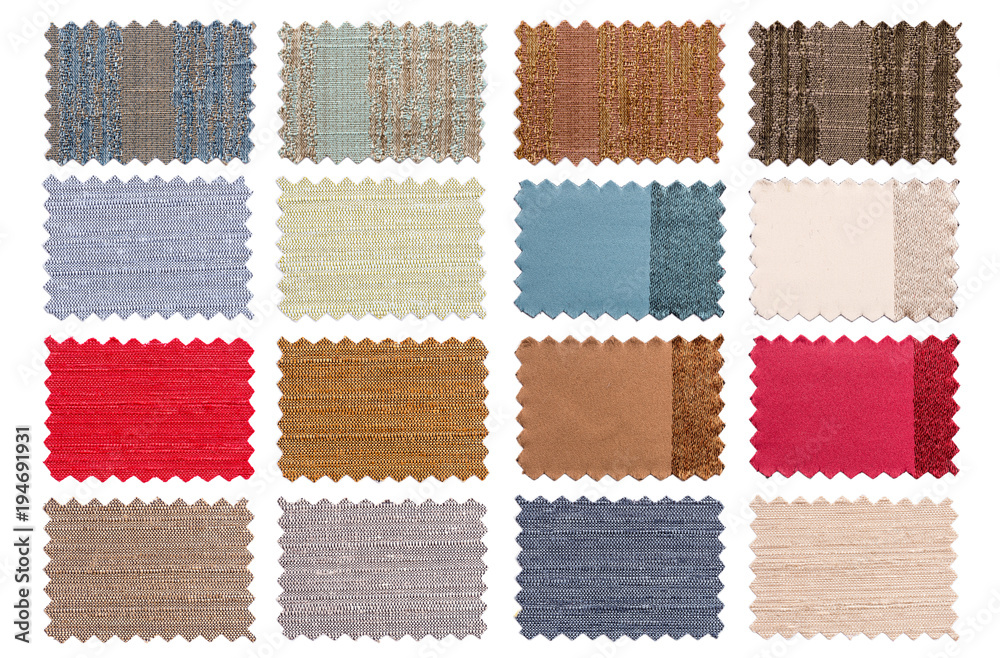 Set of sample pieces color fabric isolated on white background Stock