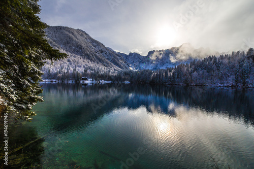 first snow at the mountain lake