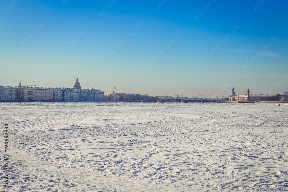 Panorama of the Spit of the Vasilyevsky Island in St. Petersburg on a winter sunny day