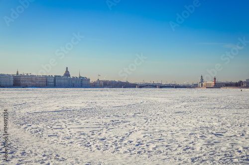 Panorama of the Spit of the Vasilyevsky Island in St. Petersburg on a winter sunny day