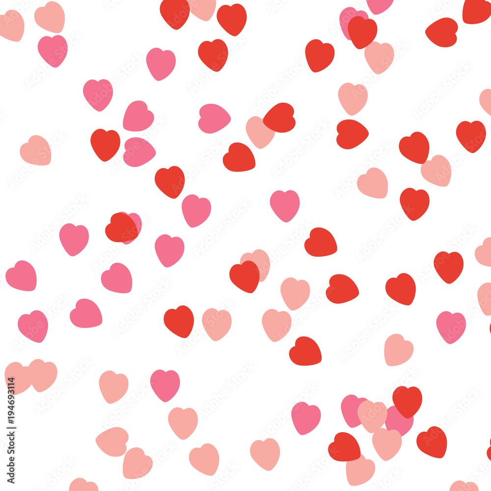 Confetti hearts falling on empty white background. Greeting card or invitation template design or poster background. Beautiful valentine day vector illustration.