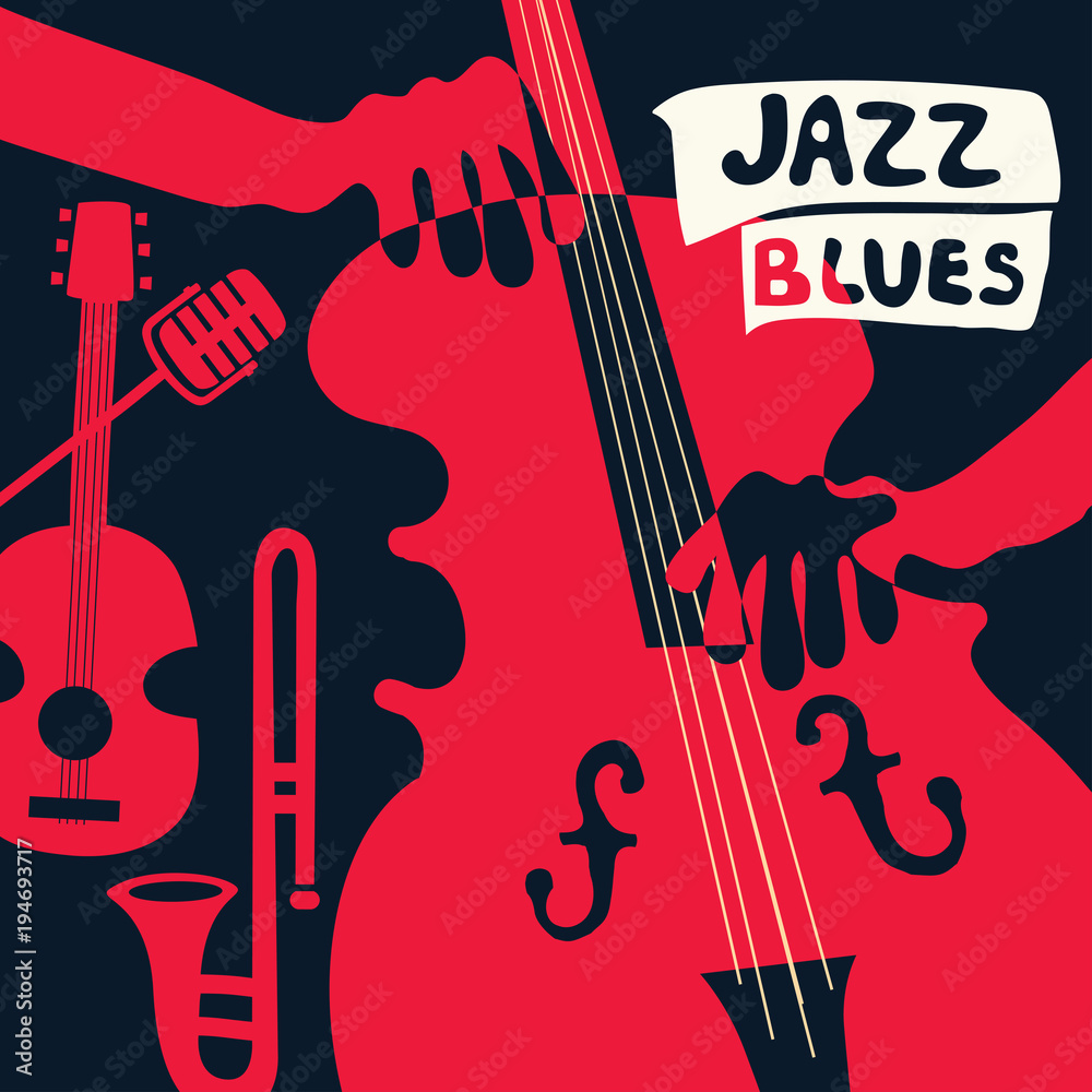 Obraz premium Jazz music festival poster with music instruments. Violoncello, guitar, trumpet and microphone flat vector illustration. Jazz concert poster