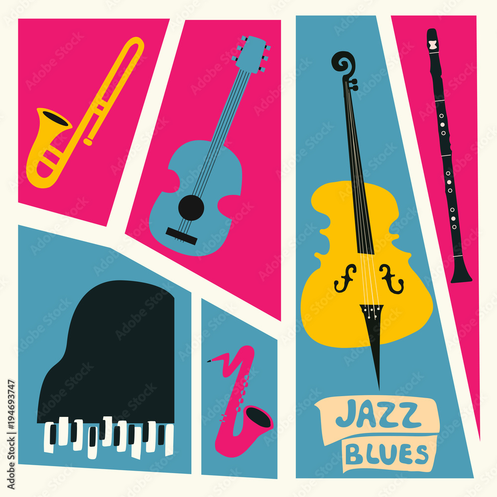 Fototapeta premium Jazz music festival poster with music instruments. Saxophone, trumpet, guitar, violoncello, piano and clarinet flat vector illustration. Jazz concert