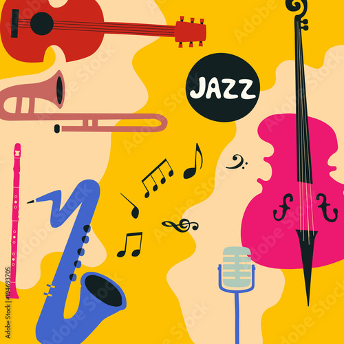 Jazz music festival poster with music instruments. Saxophone, trumpet, guitar, violoncello, microphone and clarinet flat vector illustration. Jazz concert