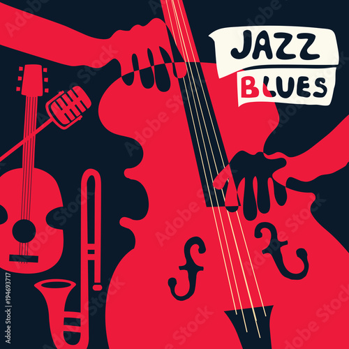 Jazz music festival poster with music instruments. Violoncello, guitar, trumpet and microphone flat vector illustration. Jazz concert poster