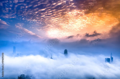 Canvas Print Foggy and Cloudy view of Victoria harbor at Hong Kong