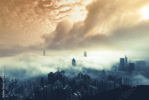 Photography Foggy and Cloudy view of Victoria harbor at Hong Kong