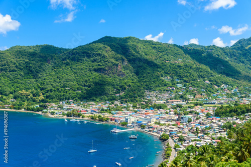 Soufriere Village - tropical coast on the Caribbean island of St. Lucia. It is a paradise destination with a white sand beach and turquoiuse sea.