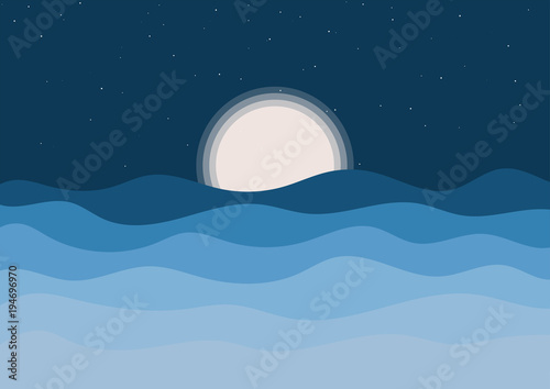 Full moon with stars sea in blue shades, vector illustration