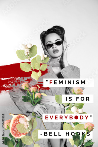 Cuadro en lienzo creative collage of stylish woman in retro clothing and sunglasses with flowers