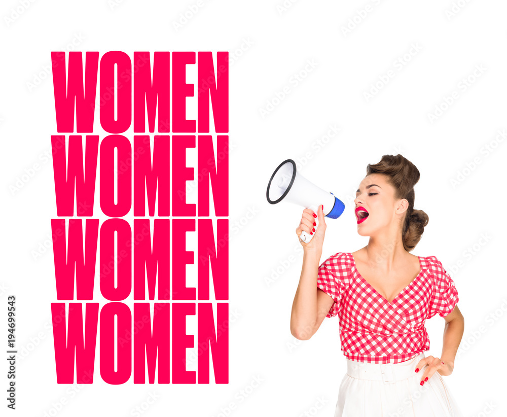 portrait of fashionable young woman in pin up style clothing with loudspeaker and women repeating words isolated on white portrait of fashionable young woman in pin up style clothing with loudspeaker and women repeating words isolated on white