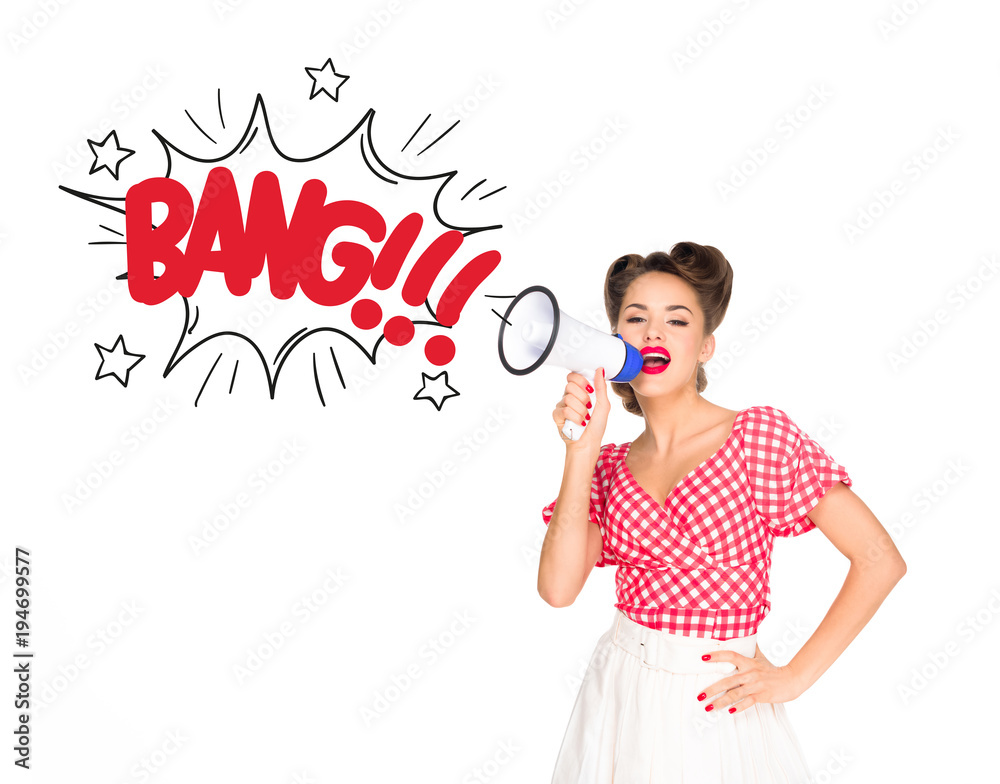 portrait of fashionable young woman in pin up style clothing with comic style boom explode out of loudspeaker isolated on white portrait of fashionable young woman in pin up style clothing with comic style boom explode out of loudspeaker isolated on white