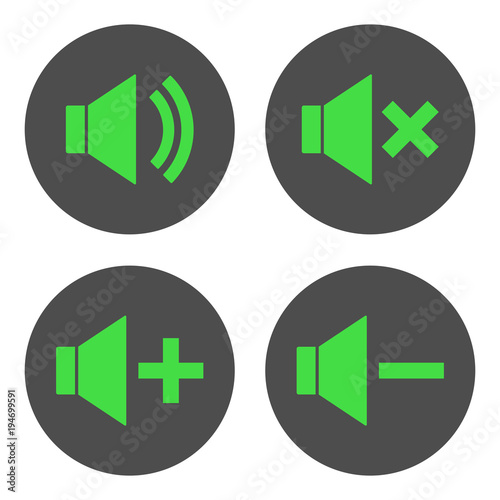 Sound volume control buttons set. Mute, unmute, quieter, louder icons in circle. Vector.