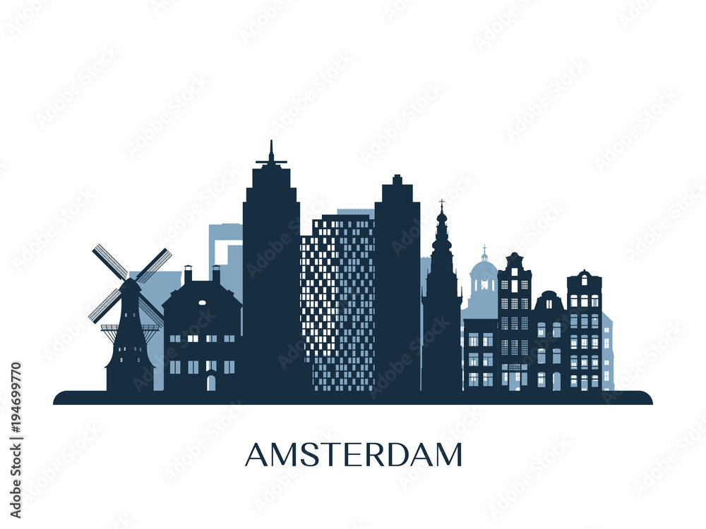 Amsterdam skyline, monochrome silhouette. Vector illustration.
