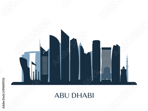 Abu Dhabi skyline, monochrome silhouette. Vector illustration.