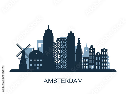 Amsterdam skyline, monochrome silhouette. Vector illustration. © greens87