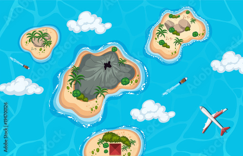 Aerial view of island and plane