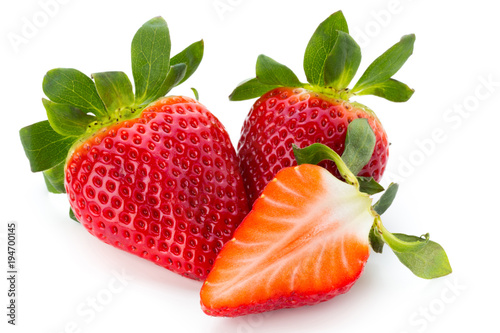 Fresh strawberries close up on white background.