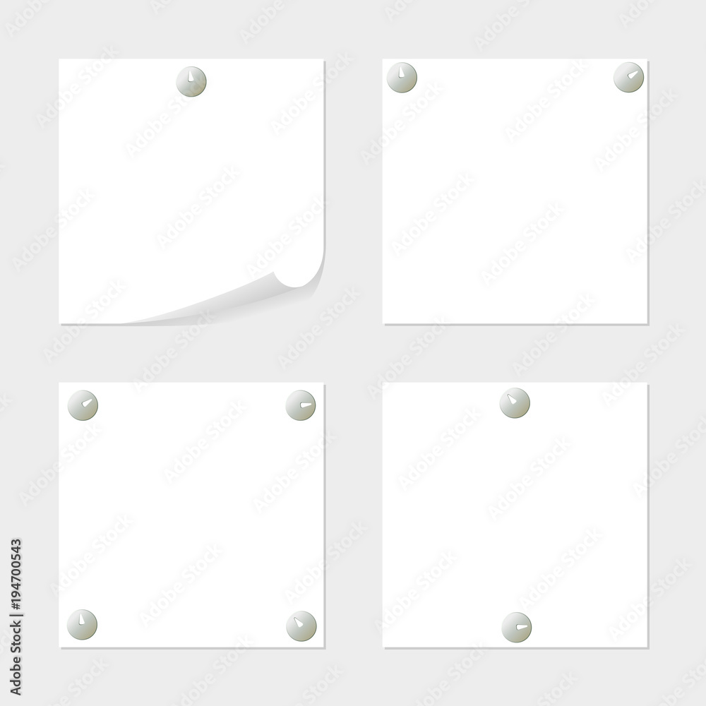 Set of note paper tacked by thumbtack with space for text or message on grey background. Some variants of blanks.