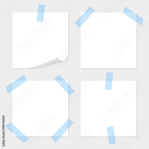 Set of note paper stuck by blue sticky tape, sellotape with space for text or message on grey background. Some variants of blanks.