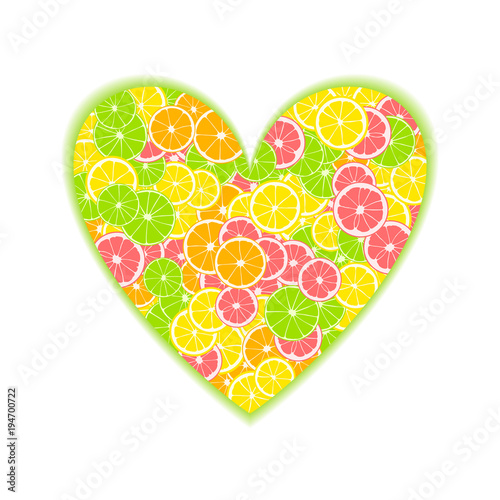 Tropical citrus heart. Summer print composed of yellow lemon, green lime, pink grapefruit and orange with green shadow on white background.