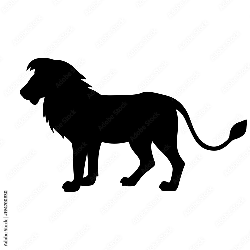 Black isolated silhouette of lion on white background. Side view. Black isolated silhouette of lion on white background. Side view.