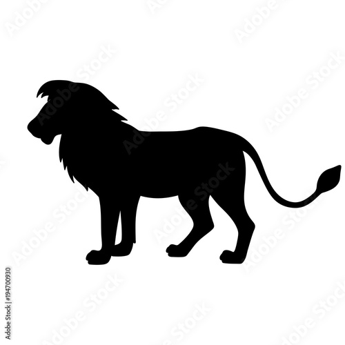 Black isolated silhouette of lion on white background. Side view.