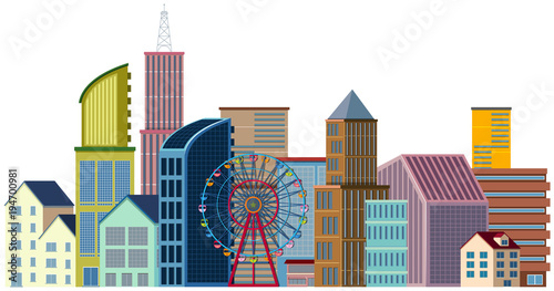 Many buildings and ferris wheel