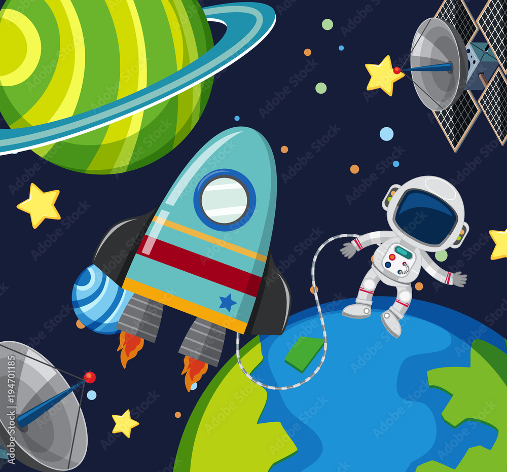 Astronaut and spaceship floating in the space Astronaut and spaceship floating in the space