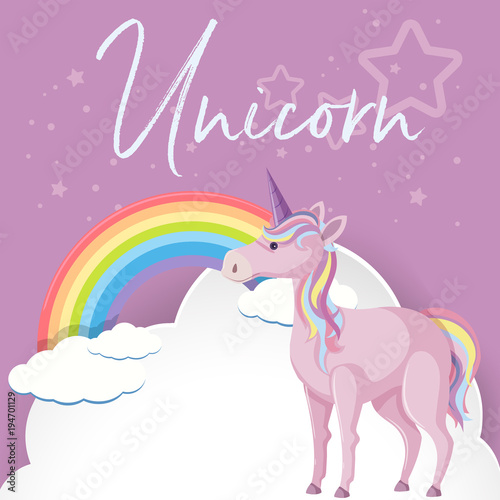 Purple unicorn and rainbow in sky