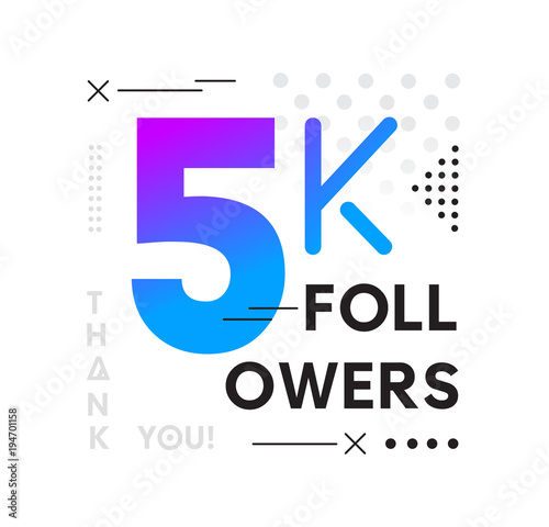 5000 Followers Memphis card with geometric elements. 5k followers memphis poster for social media networks and follower. Thank you followers Banners.