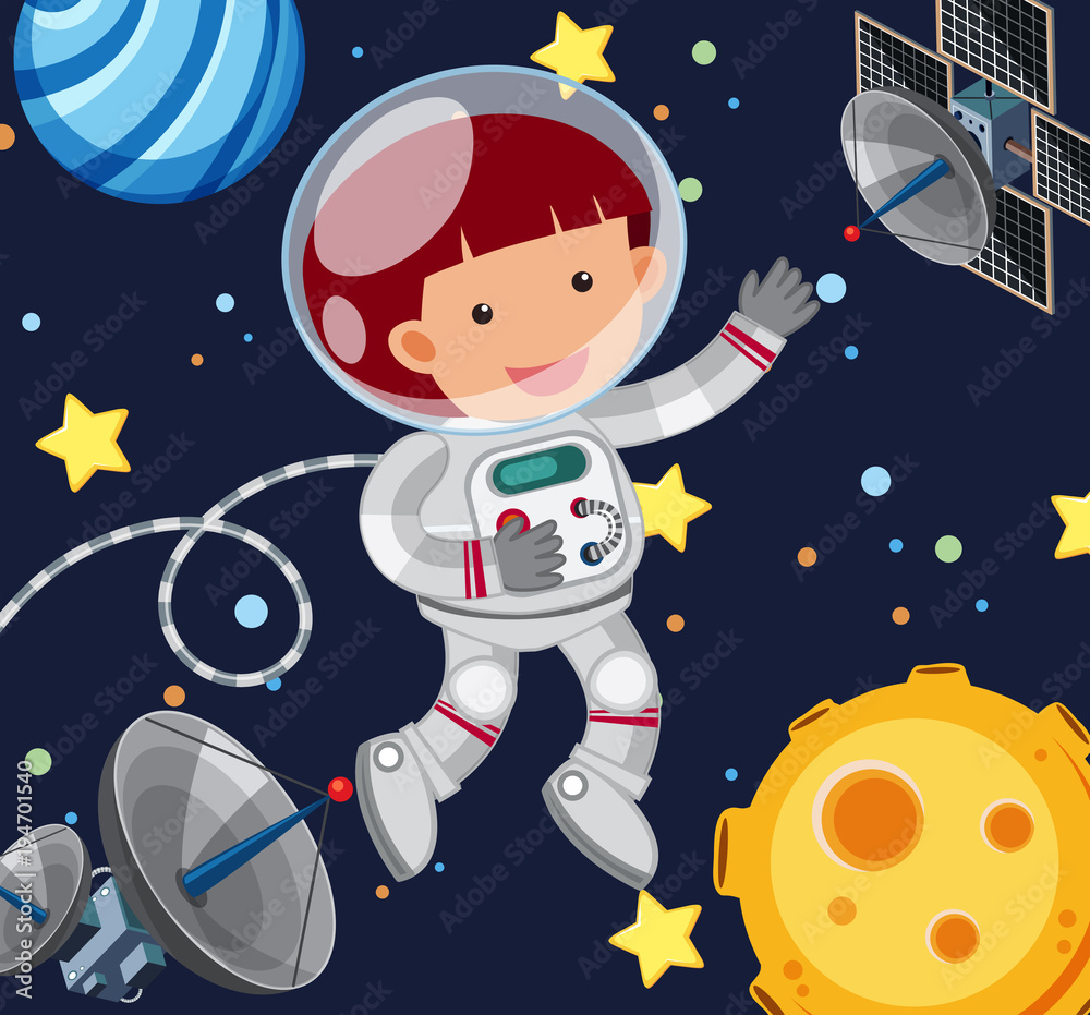 Astronaut and two satellite dish in the space Astronaut and two satellite dish in the space
