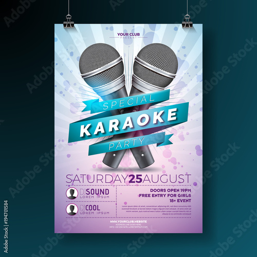 Vector Flyer illustration on a Karaoke Party theme with microphones and ribbon on violet background.