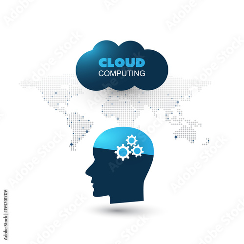 Machine Learning, Artificial Intelligence, Cloud Computing and Networks Design Concept with World Map and Human Head