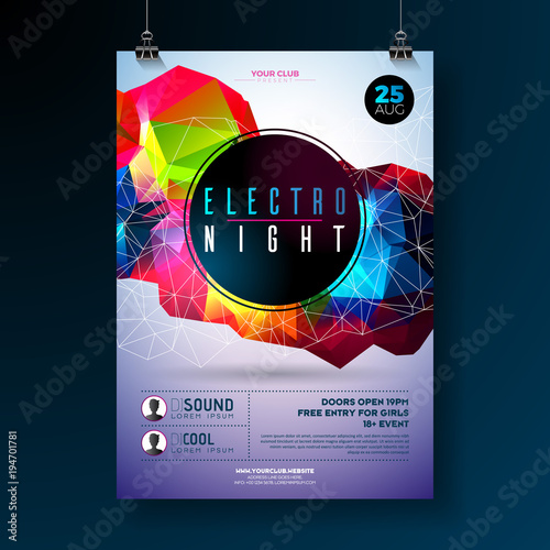 Night dance party poster design with abstract modern geometric shapes on shiny background. Electro style disco club template for abstract music event flyer invitation or promotional banner.