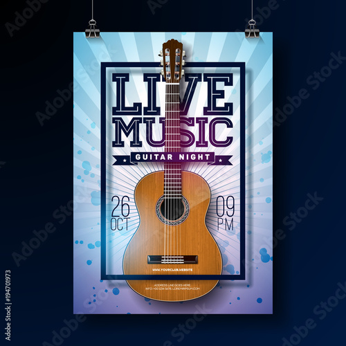 Live music flyer design with acoustic guitar on grunge background . Vector illustration.