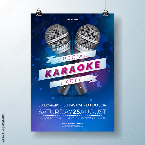 Vector Flyer illustration on a Karaoke Party theme with microphones and ribbon on dark blue background.