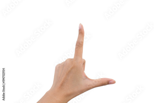 Hand symbol for alphabet L on isolated background.