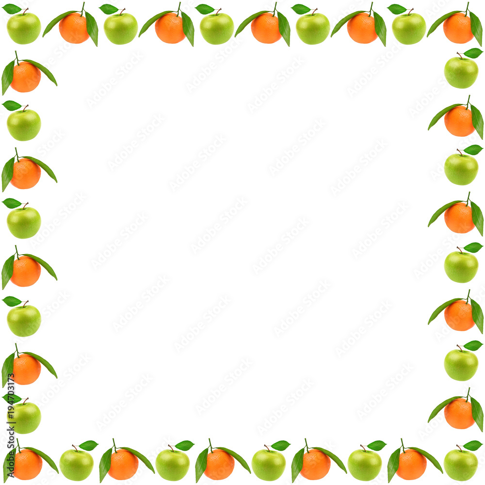 Frame of fresh fruits isolated on white background. Apples and oranges