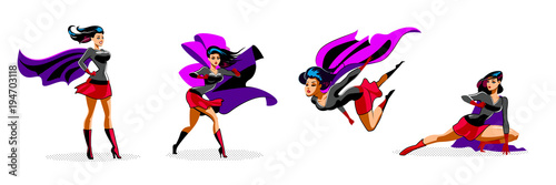 Comic superwoman actions in different poses. Female superhero vector cartoon characters. Illustration of superhero woman cartoon © maxutov
