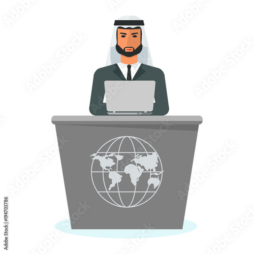 Arab businessman with laptop at table in an international office. Styles of life and occupation of Arab man. Flat vector chracters isolated on white background.