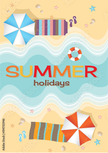 Aerial view of summer beach in flat design style. starfish and summertime, relaxation summer tourism, vector