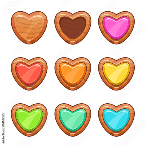 Cartoon wooden hearts set.