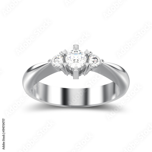 3D illustration isolated white gold or silver three stone diamond ring with shadow